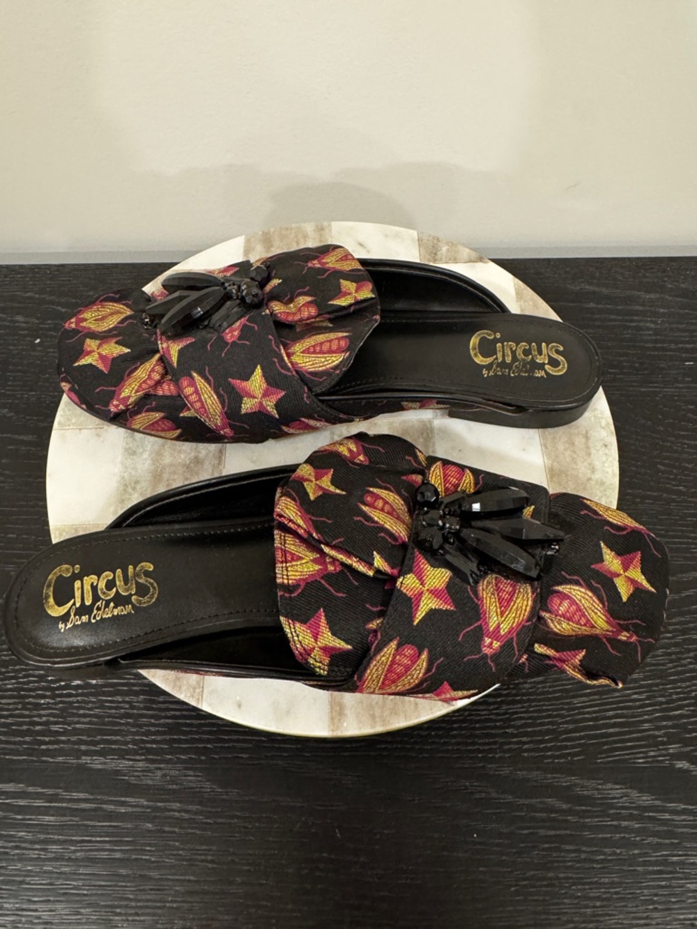 Circus by Sam Edelman Black Floral Star Bow Slide Mules
